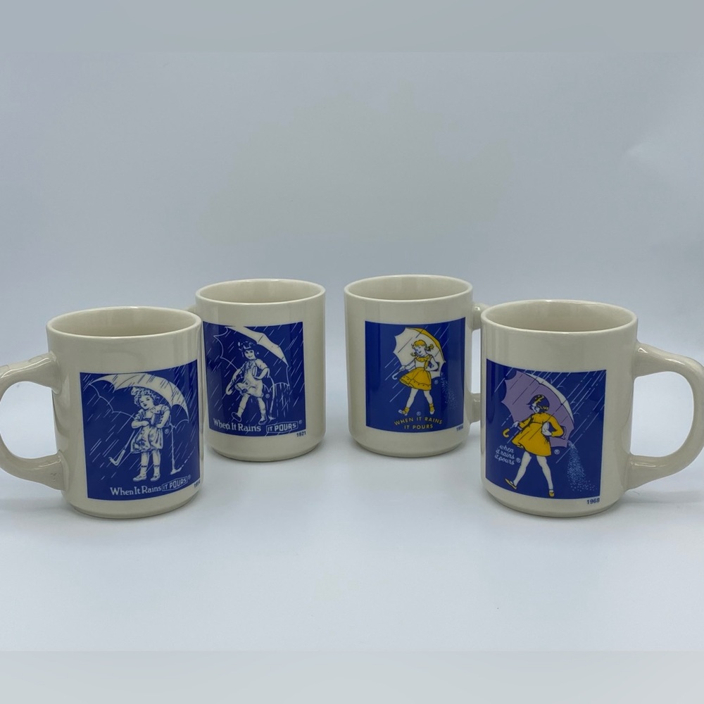 Vintage Morton Salt Girl Coffee Tea Mugs Set of 4 When It Rains It Pours Used